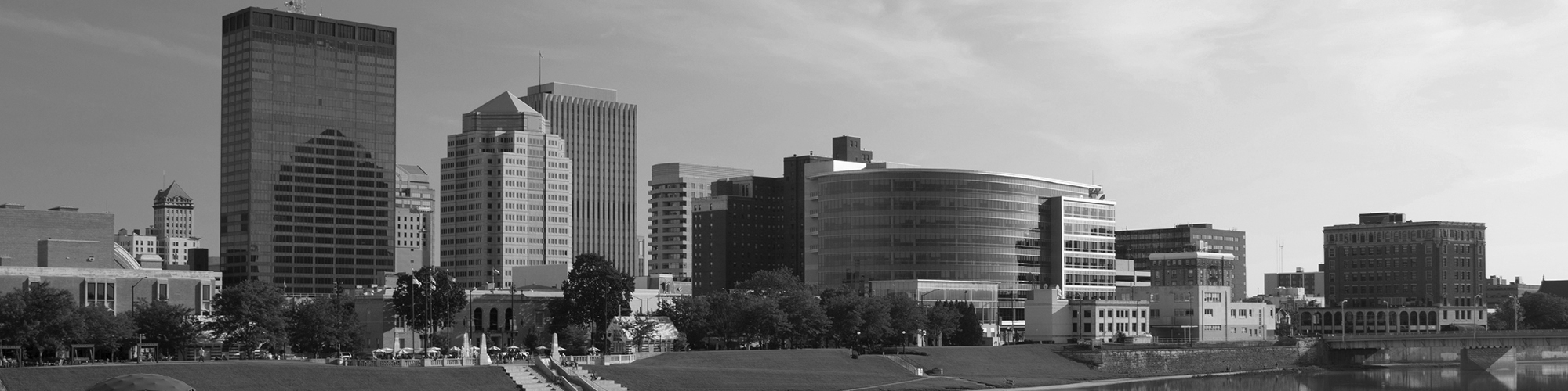 Dayton downtown skyline with the Miami river in the foreground